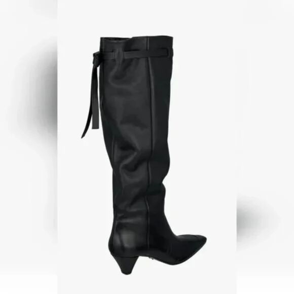 Black Zara Leather Ruched Tie Straps Square Pointed Toe Kitten Heel Boots (NWT) - Picture 5 of 6